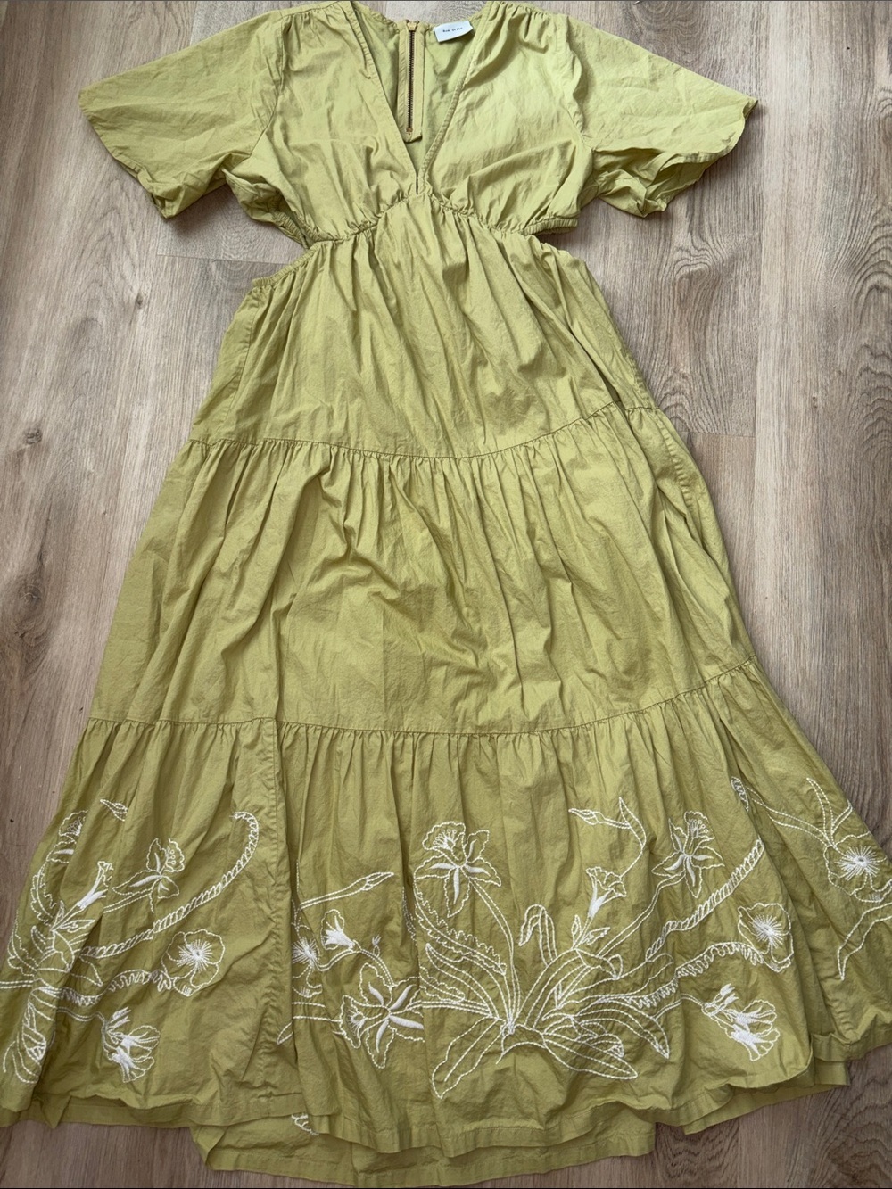 Rue Stiic Elera Maxi Dress Lime Green Embroidered Cutout Size L boho cotton